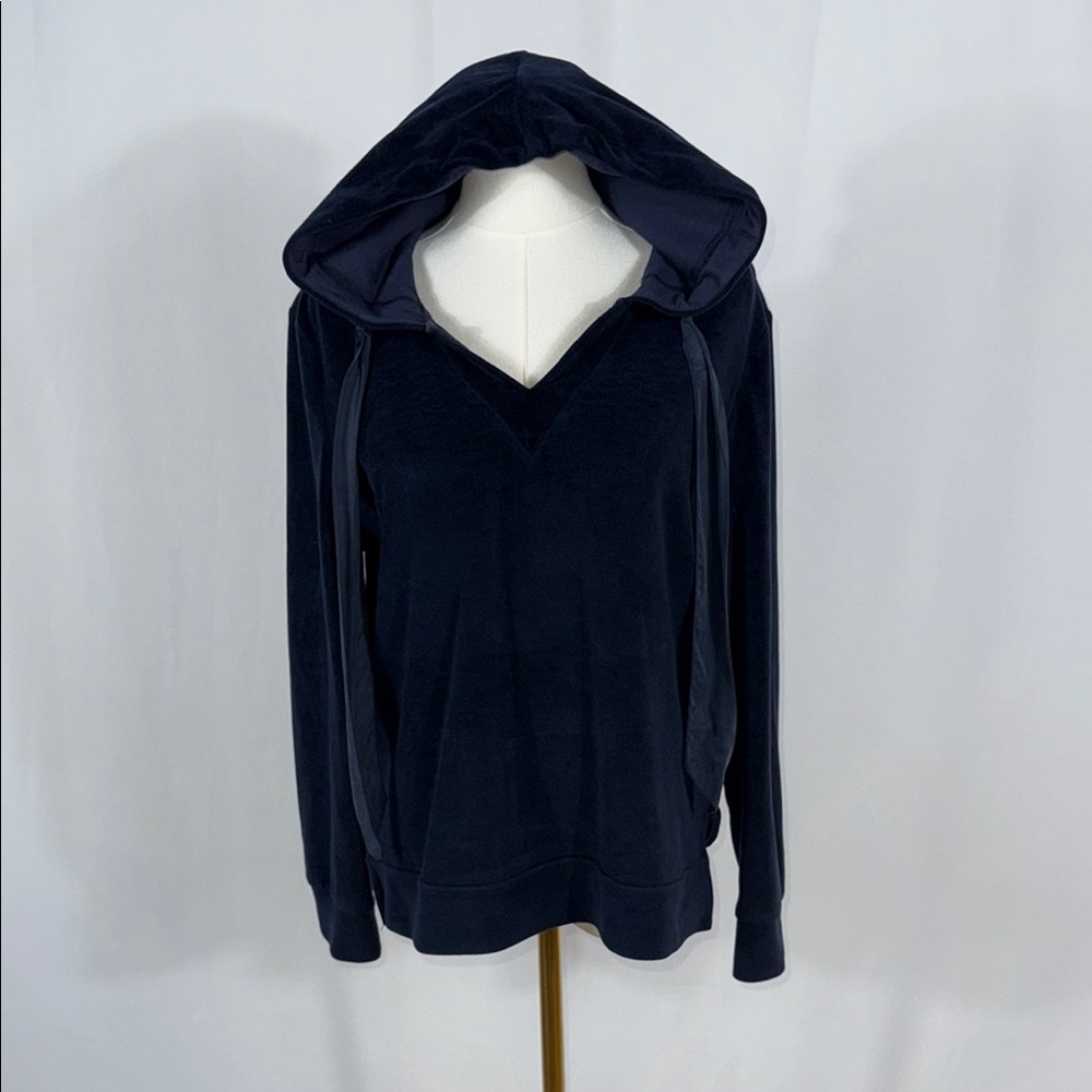 Navy V-Neck Sweater with Plush Texture and Relaxed Fit